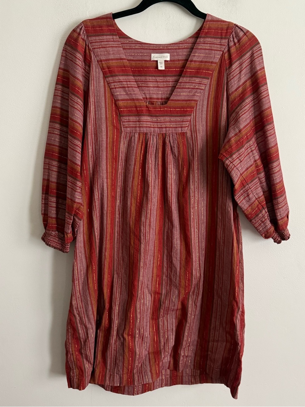 Garnet Hill Organic Cotton Striped Tunic Dress XS Pink Red Boho Metallic Detail